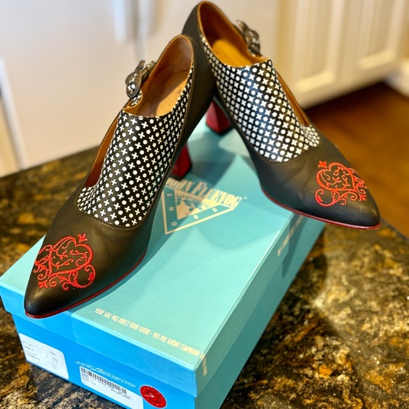 John Fluevog Shoes - John Fluevog Black Heels with Red and White Accents